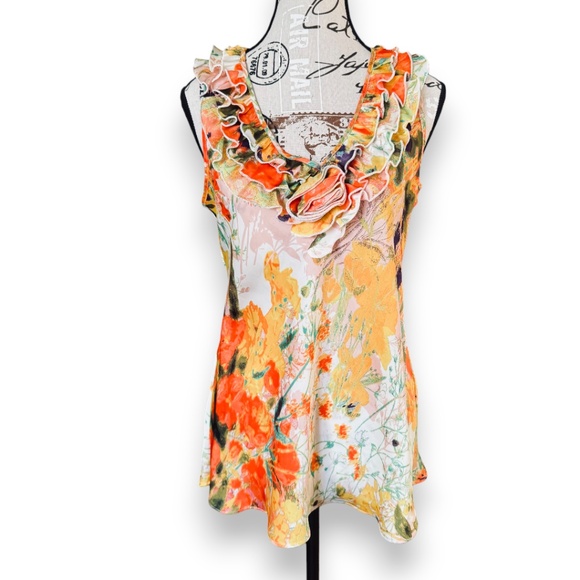 Tops - Spense Floral Ruffle Neck Sleeveless Blouse Size M